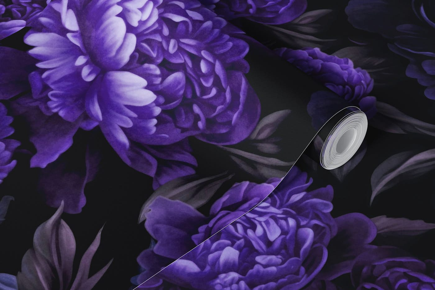 Moody Baroque Velveteen Flowers Plum Blue wallpaper roll