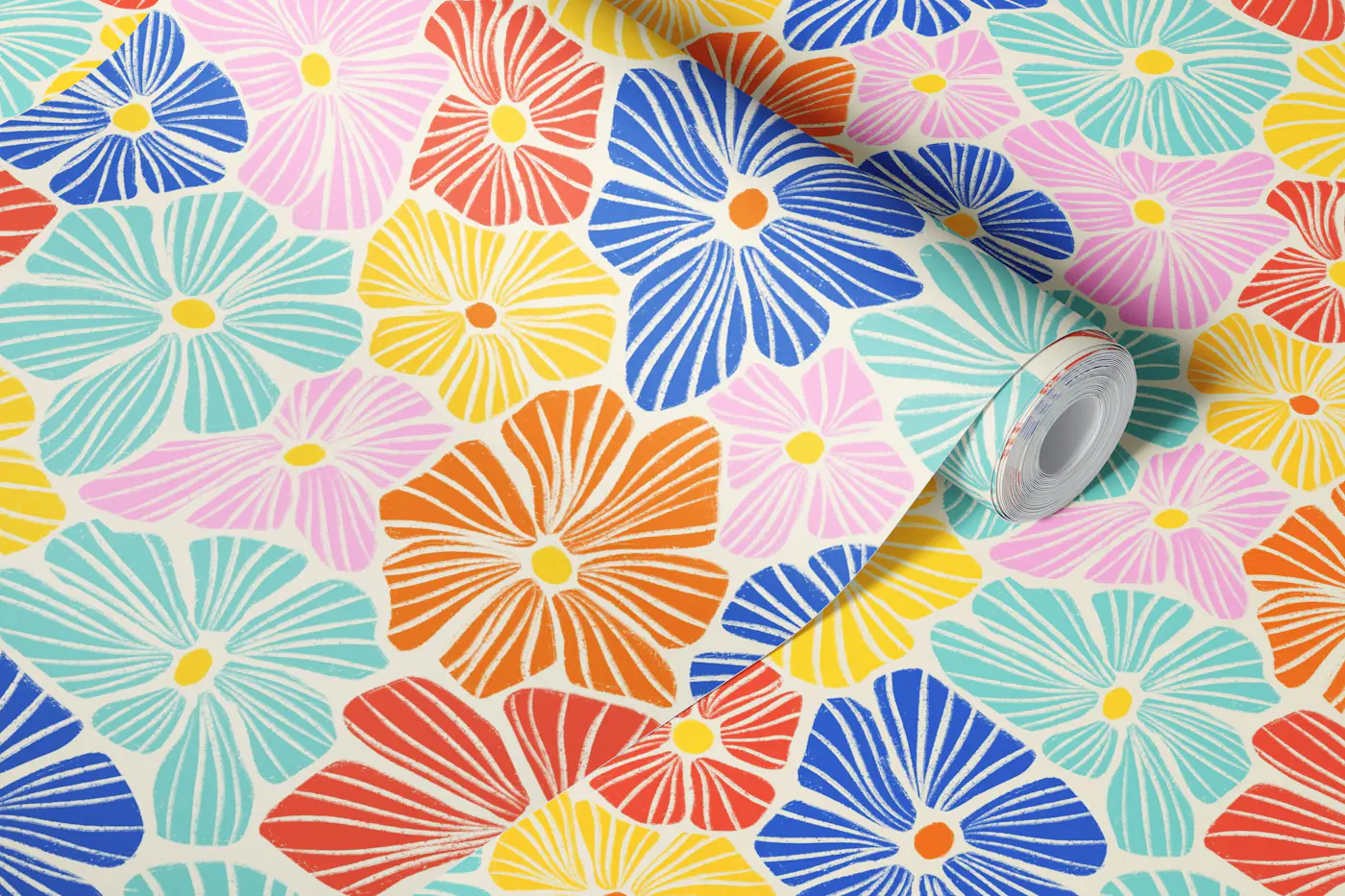 Textured Flower Mosaic in Bright Rainbow wallpaper roll