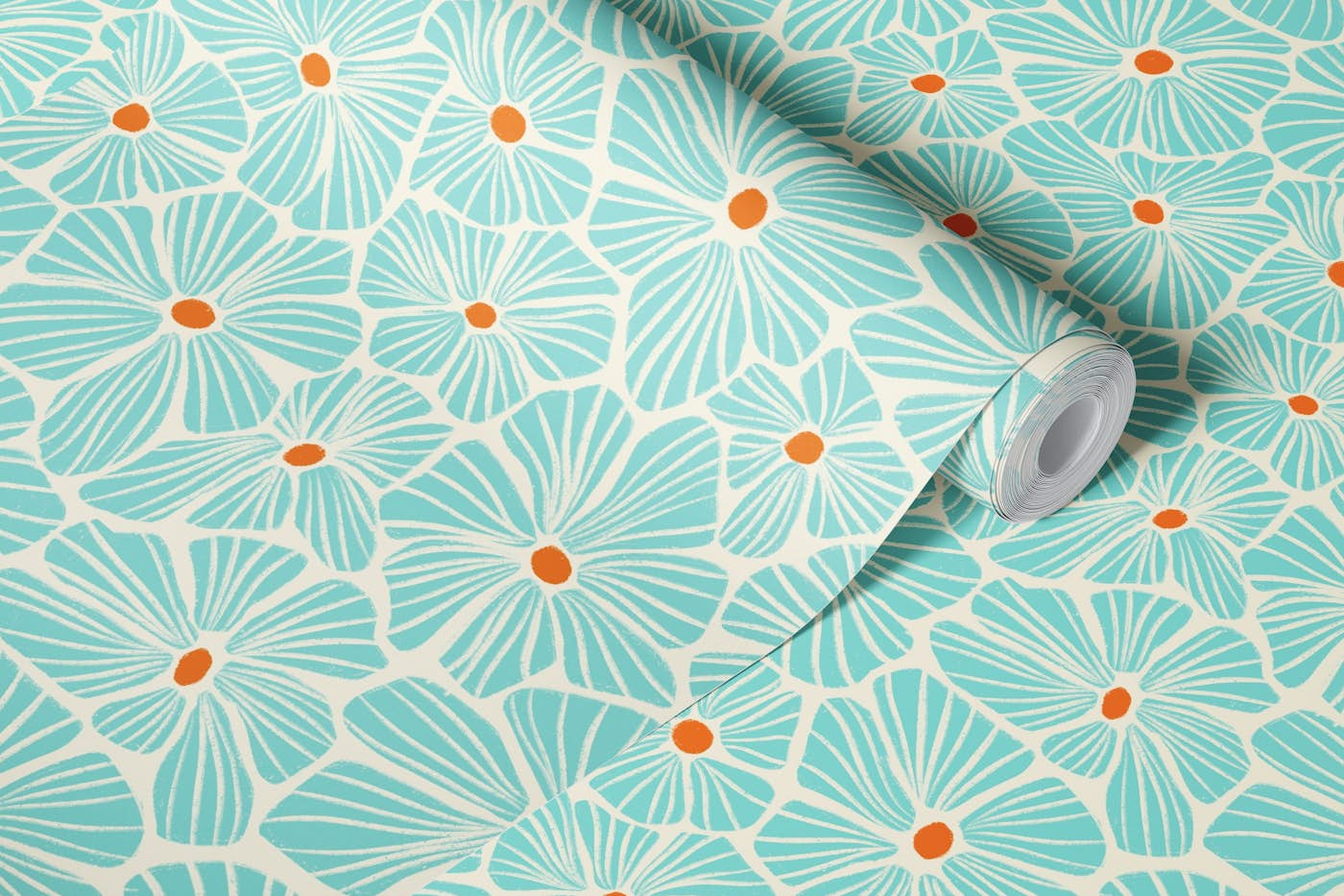 Textured Flower Mosaic - White Aqua Orange wallpaper roll