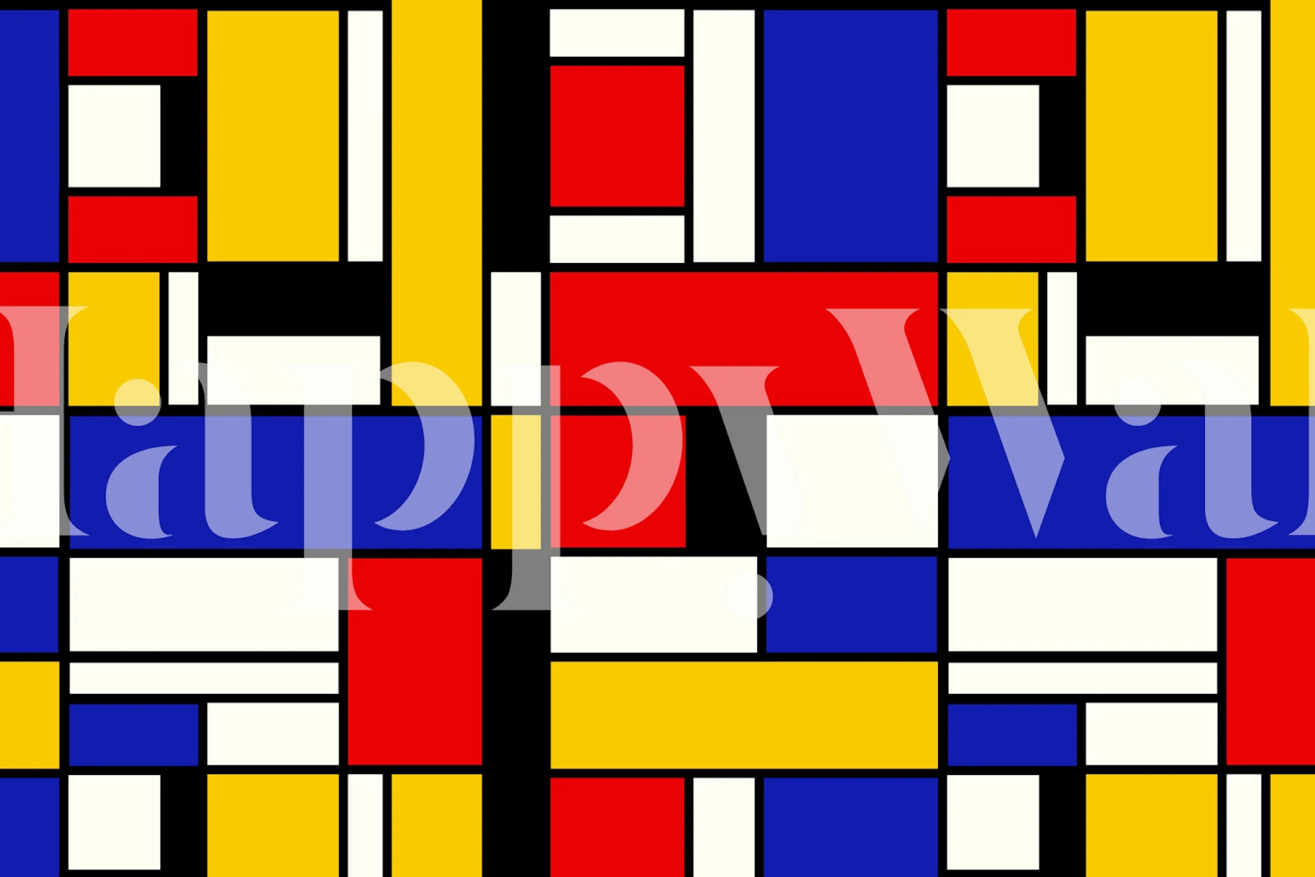 Colorful geometric patterns in red, yellow, blue, and white wallpaper