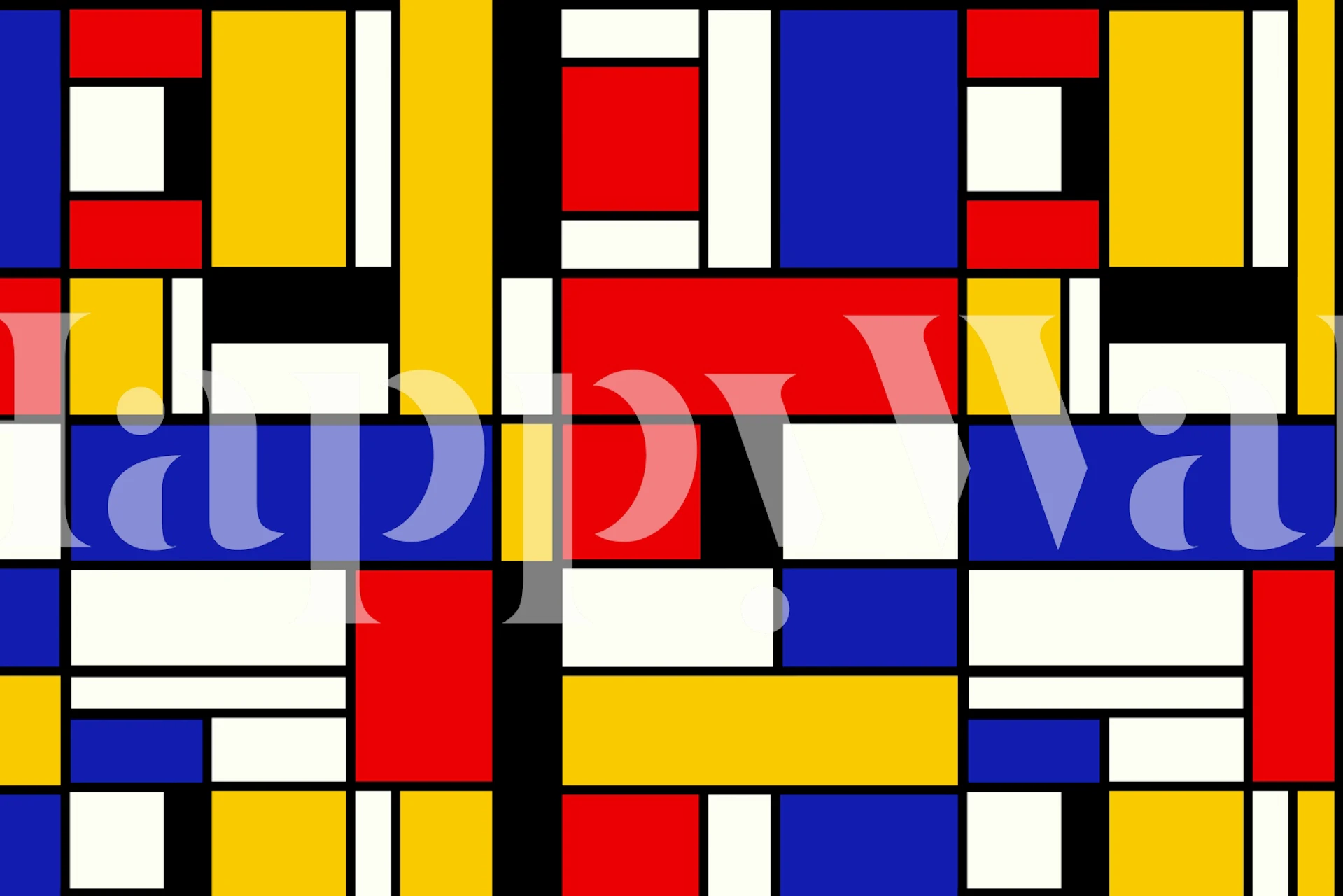 Colorful geometric patterns in red, yellow, blue, and white wallpaper