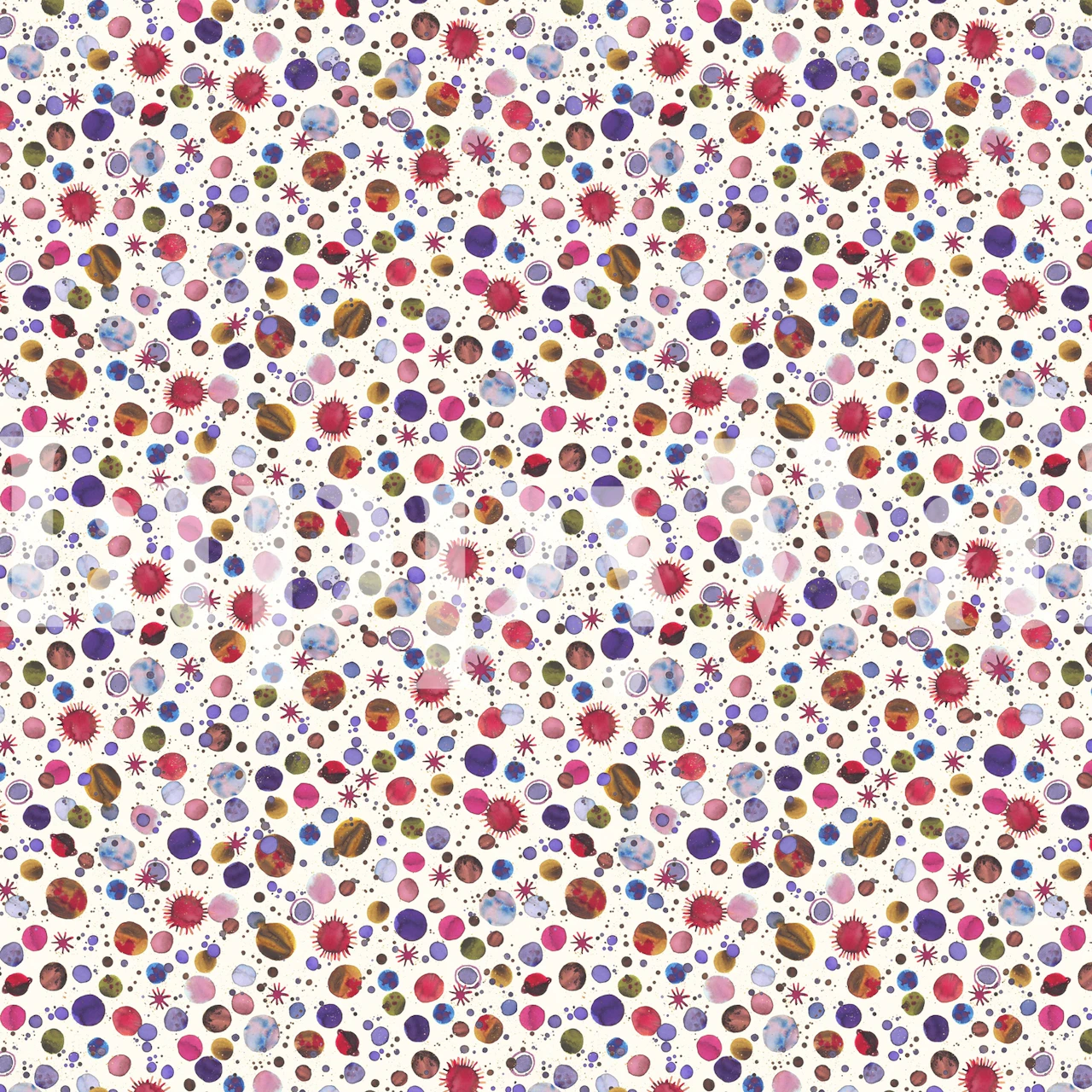 Colorful planet and star patterns in pink and blue wallpaper