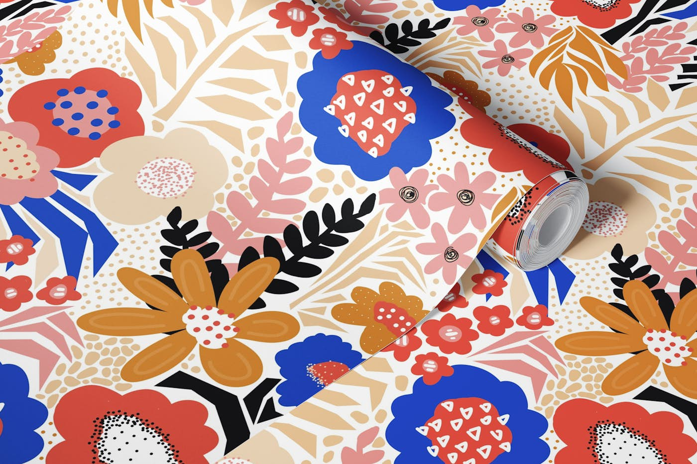 Paper Cut Floral Collage - Blue Red Beige wallpaper roll