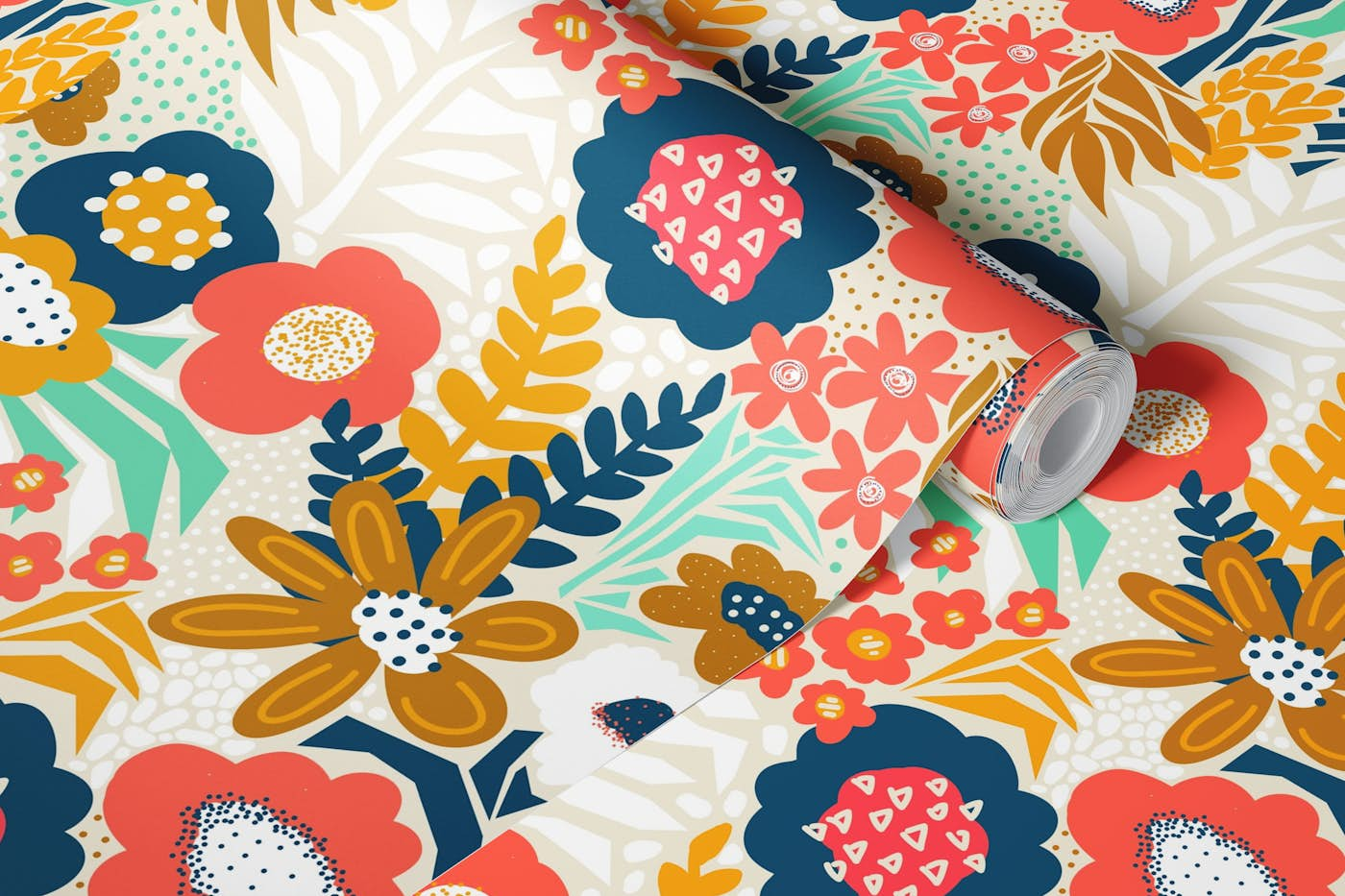 Paper Cut Floral Collage - Navy Gold Pink wallpaper roll