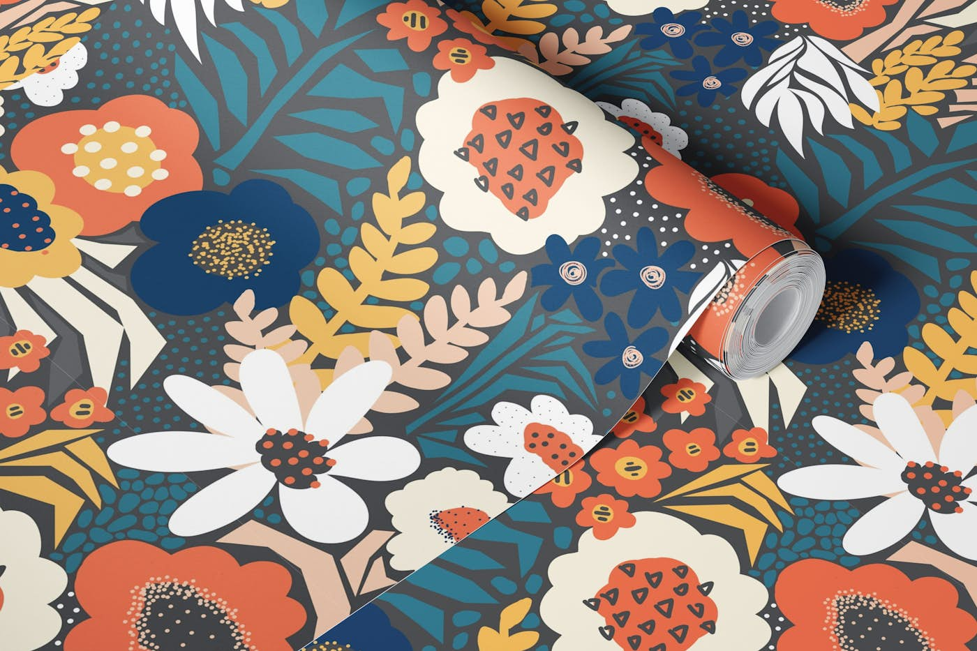 Paper Cut Floral Collage - Orange Blue Grey wallpaper roll