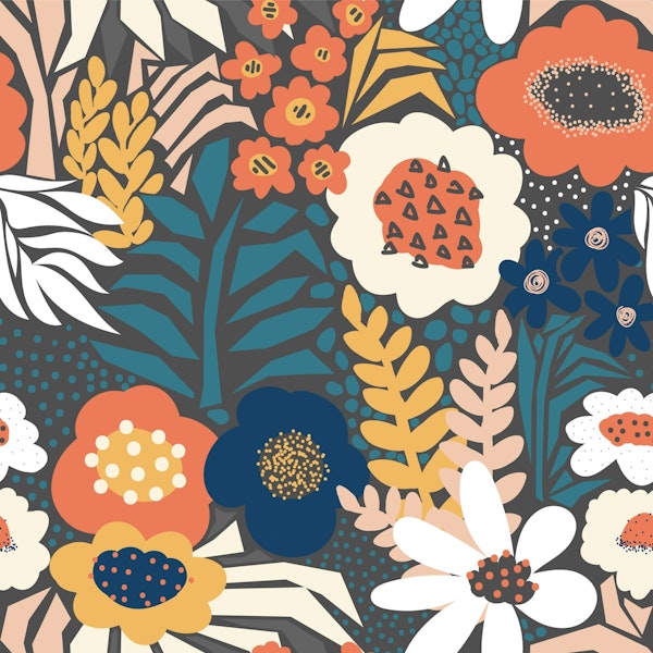 Paper Cut Floral Collage - Orange Blue Grey