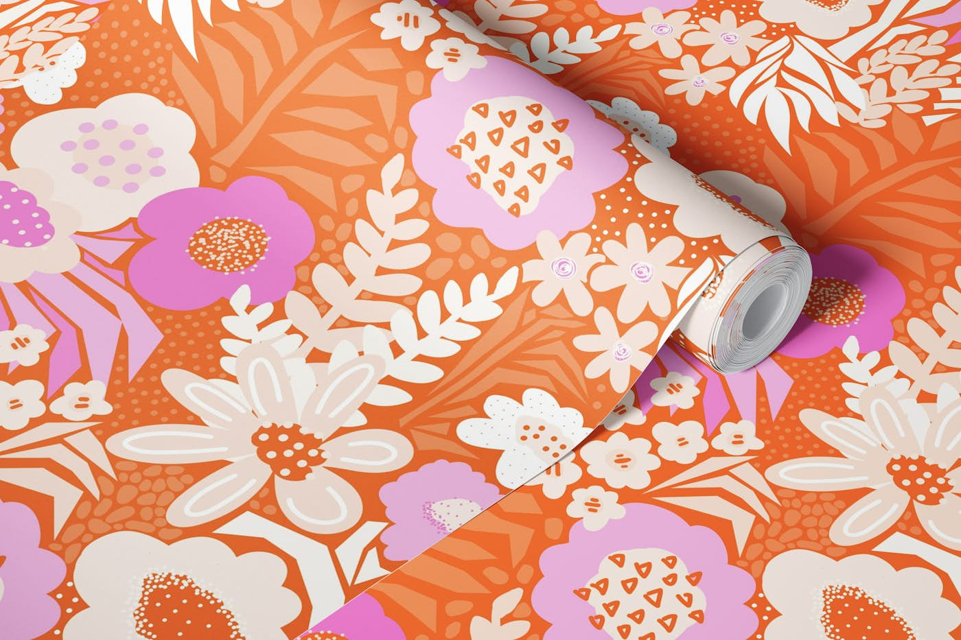 Paper Cut Floral Collage - Orange Pink Cream wallpaper roll