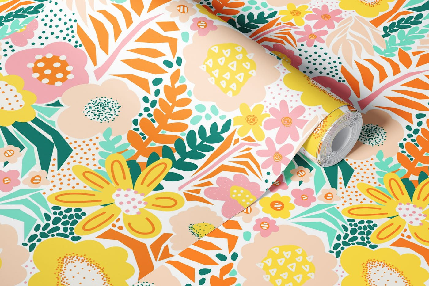 Paper Cut Floral Collage - Mint Yellow Pink wallpaper roll