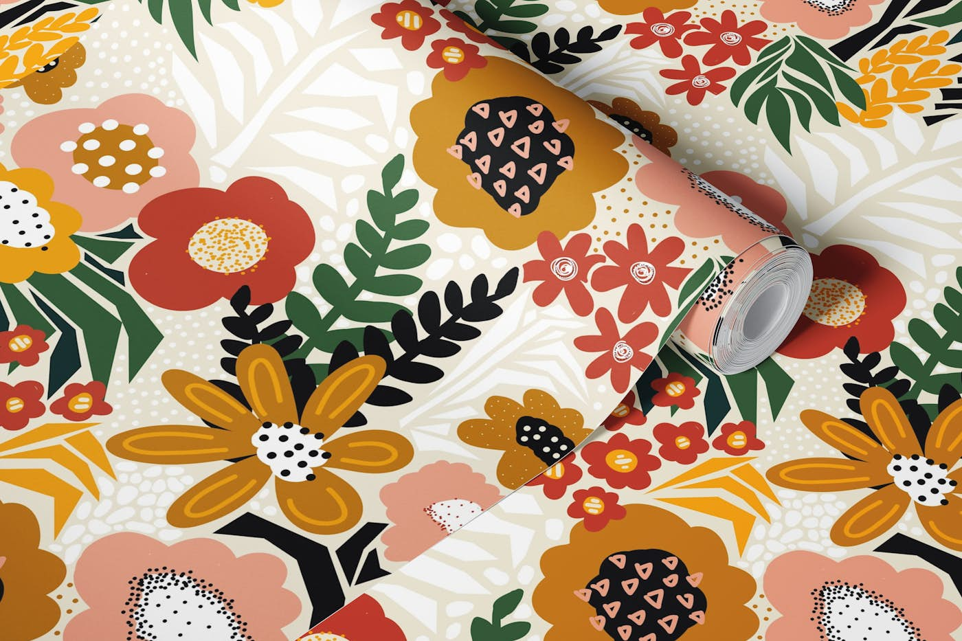 Paper Cut Floral Collage - Gold Red Green wallpaper roll