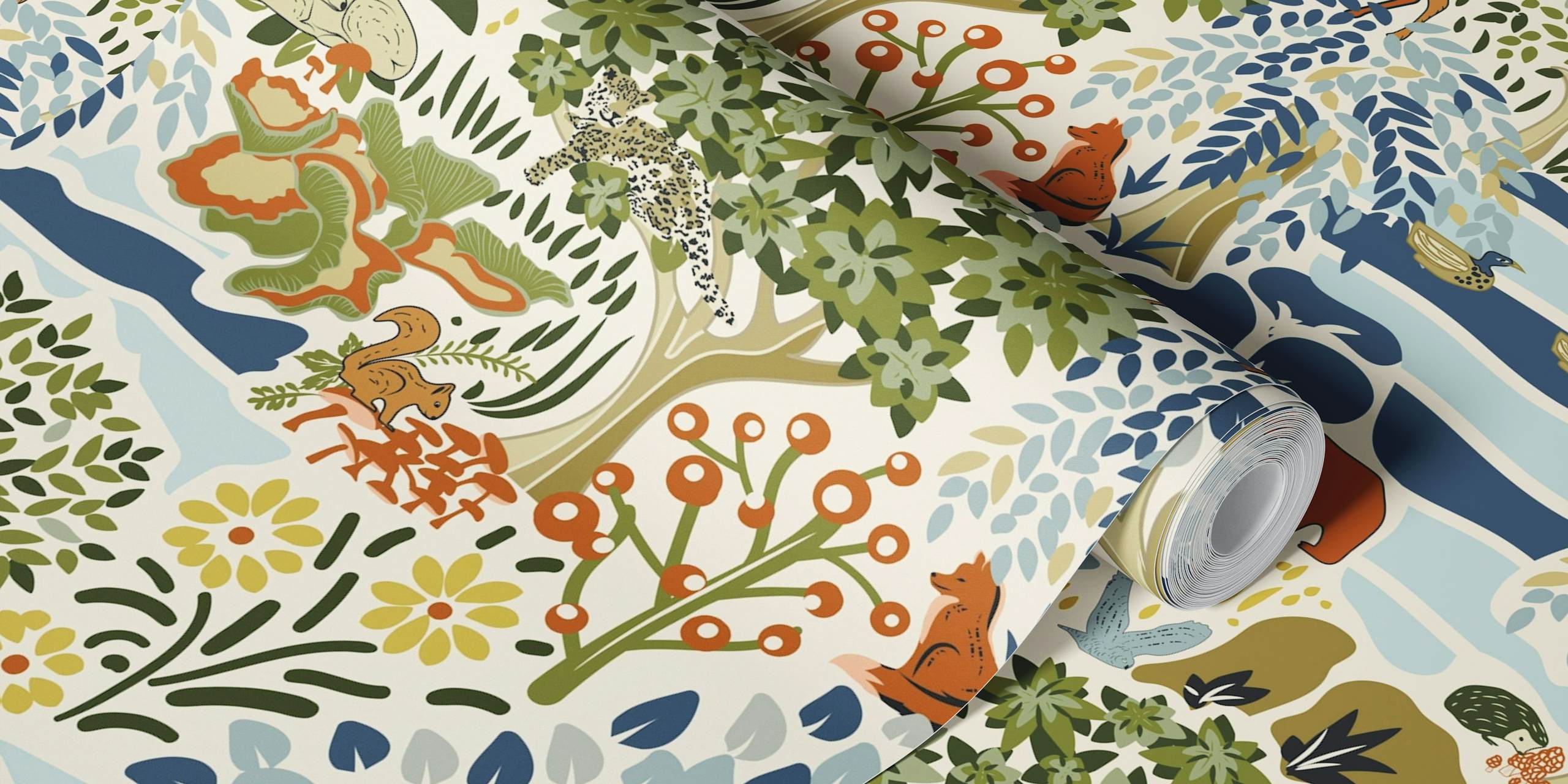 Nature-themed camouflage wallpaper featuring various animals and trees in earthy tones