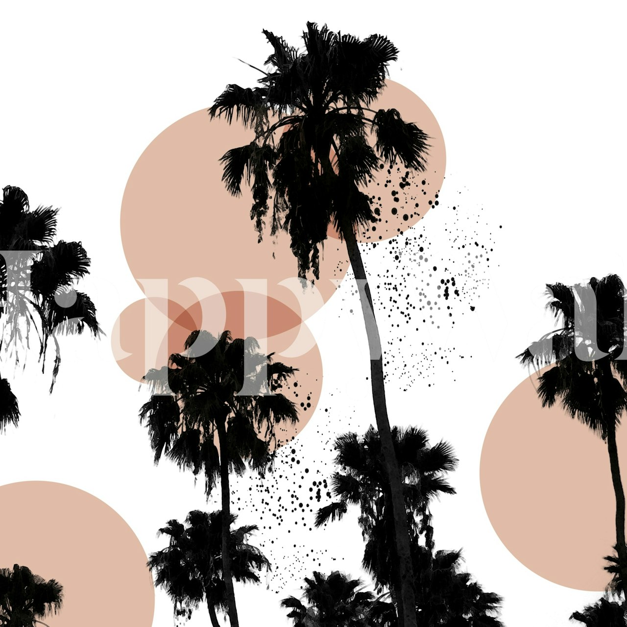 Silhouette of palm trees with soft pastel circles background, black and white wallpaper