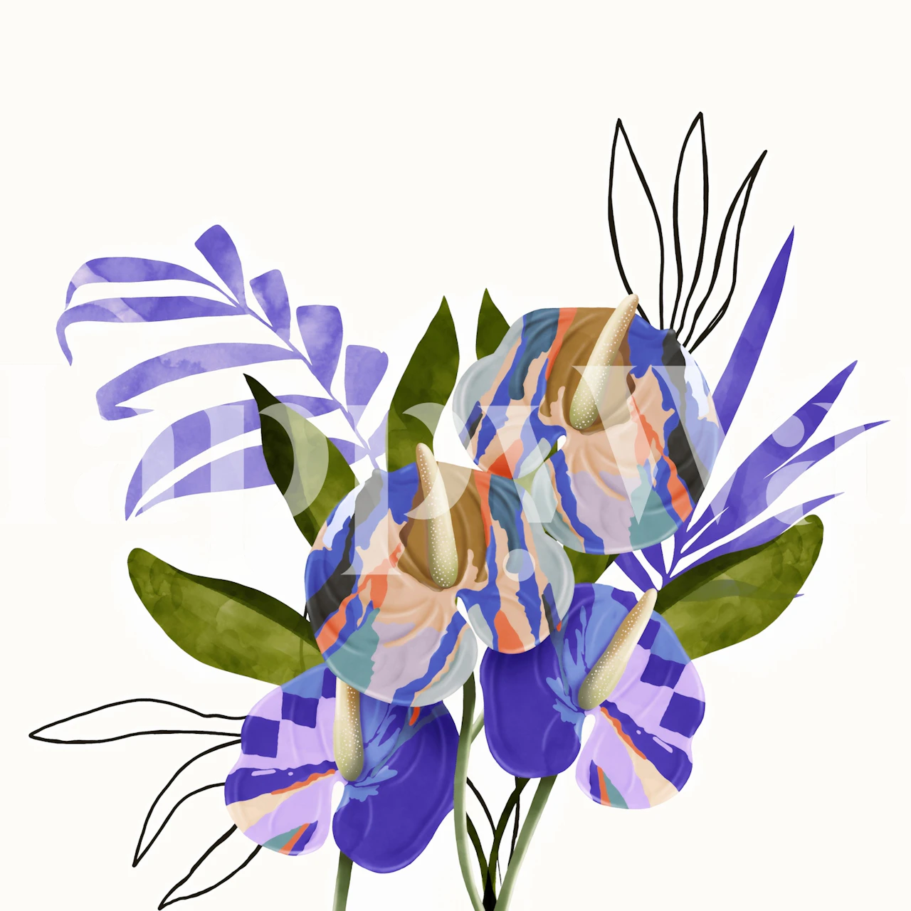 Moderne künstlerische blumige tropische Tapete in einem Raum