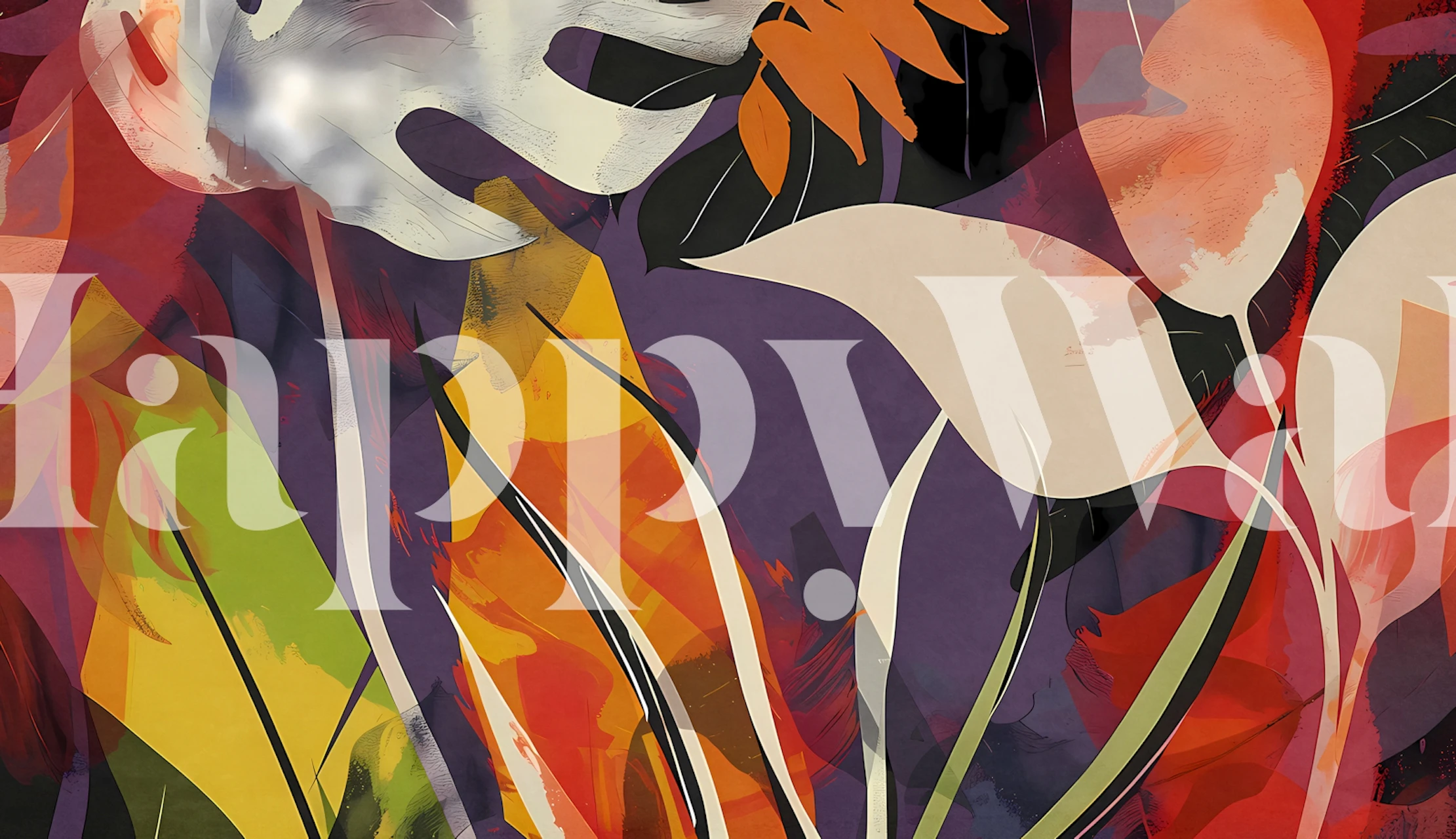 Fotomural vinílico abstrato de folhagem tropical em ricos roxos, laranjas e verdes