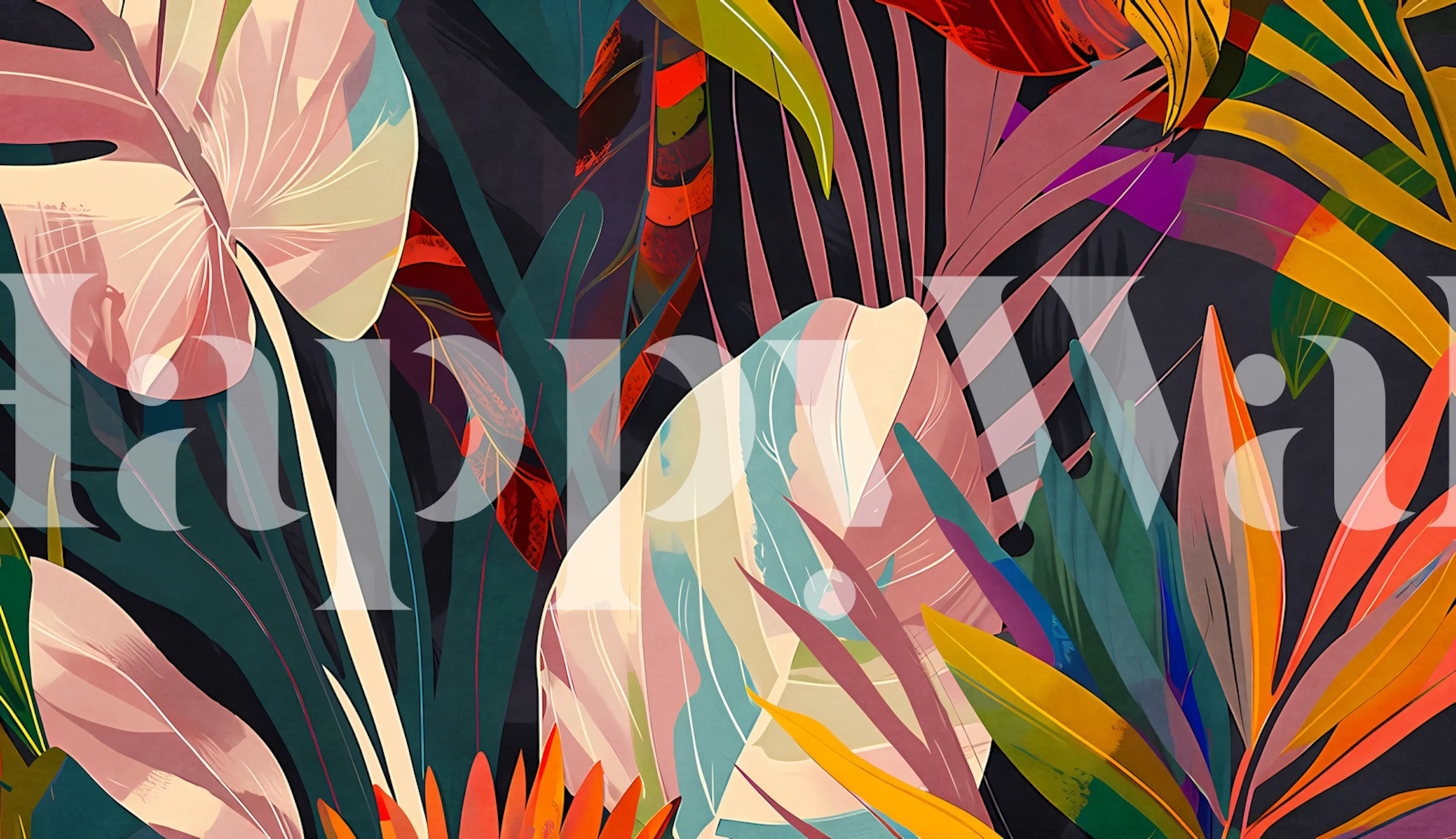 Tropical foliage design featuring colorful leaves on dark background wallpaper