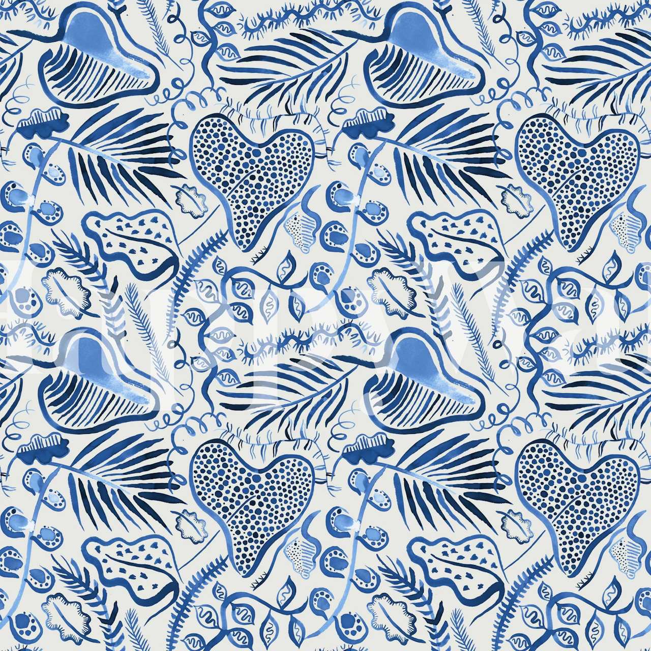 Tropical leaves in blue tones on a light background wallpaper