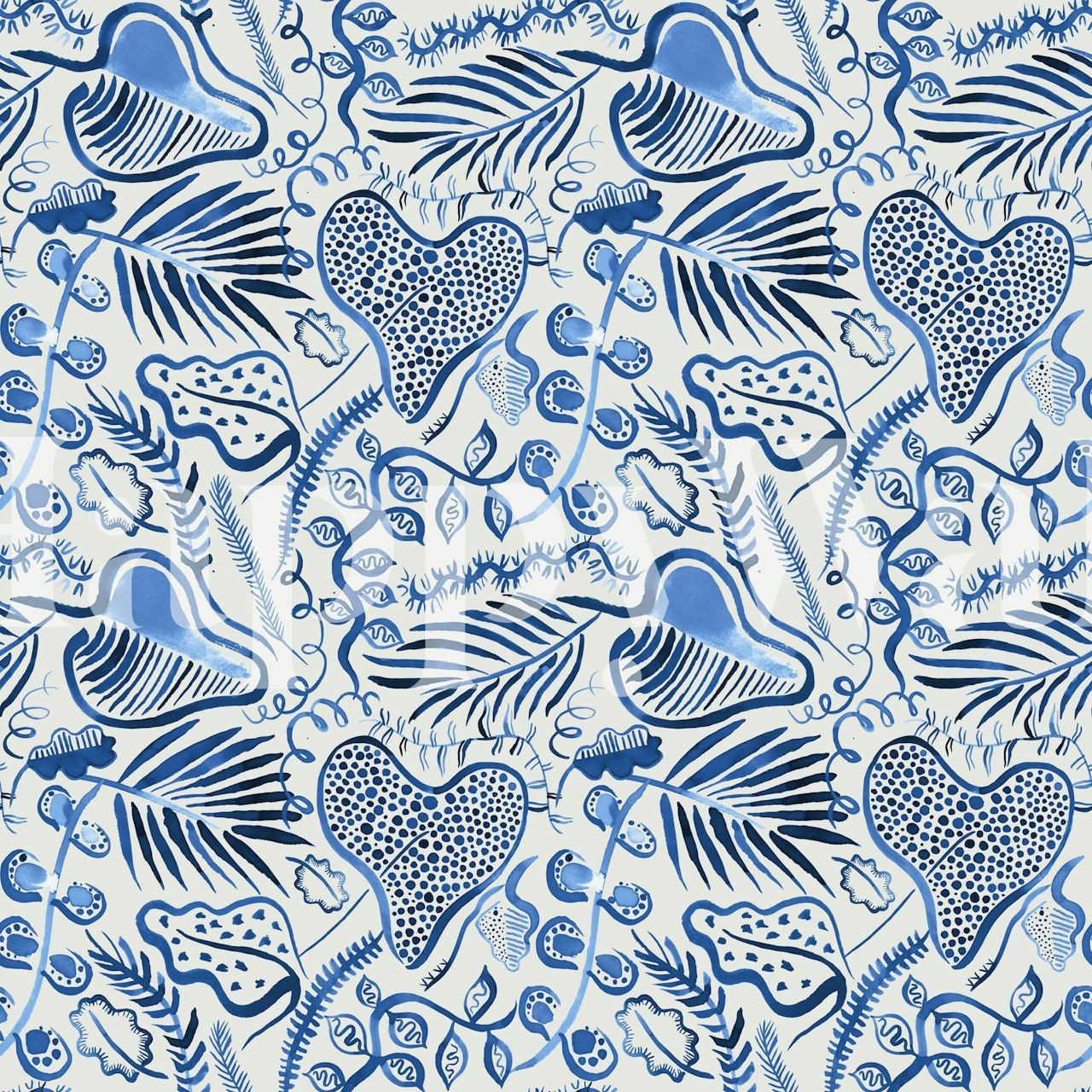Tropical leaves in blue tones on a light background wallpaper