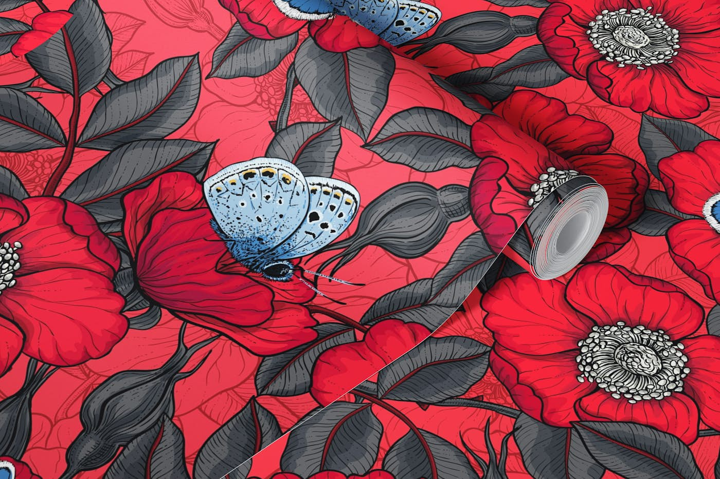 Dog rose and blue butterflies in red and gray wallpaper roll