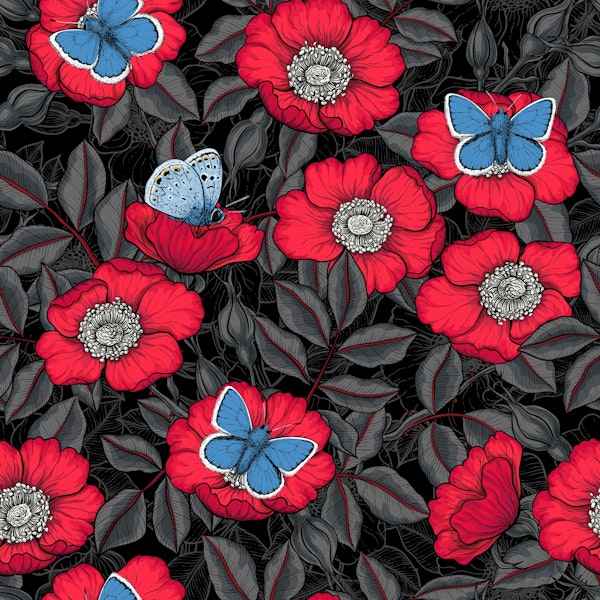 Dog rose and blue butterflies