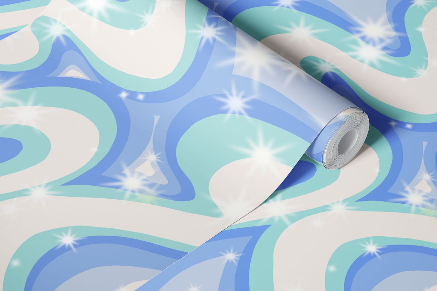 Groovy retro swirls blue wallpaper roll