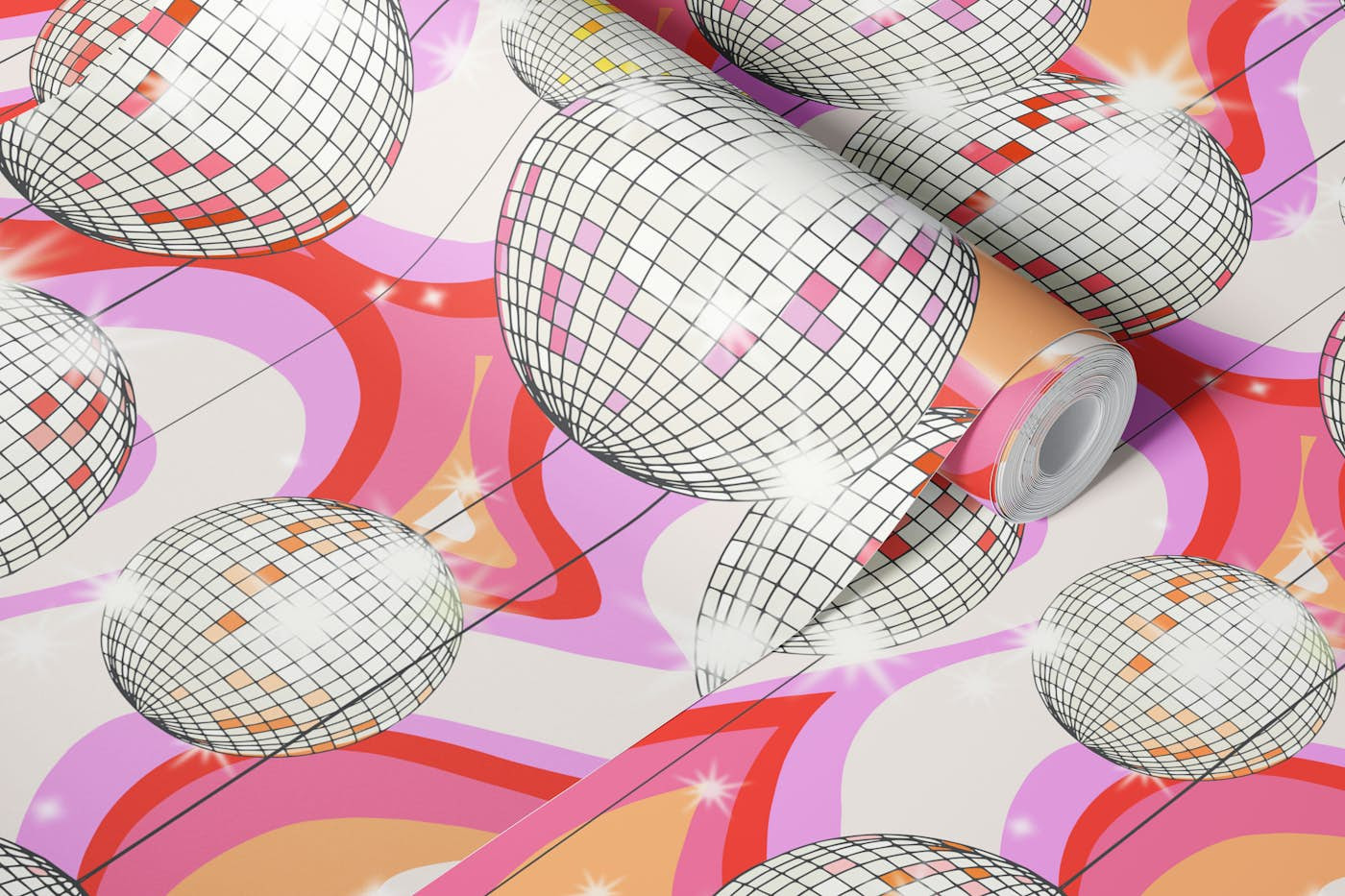 Groovy Party disco ball pink wallpaper roll