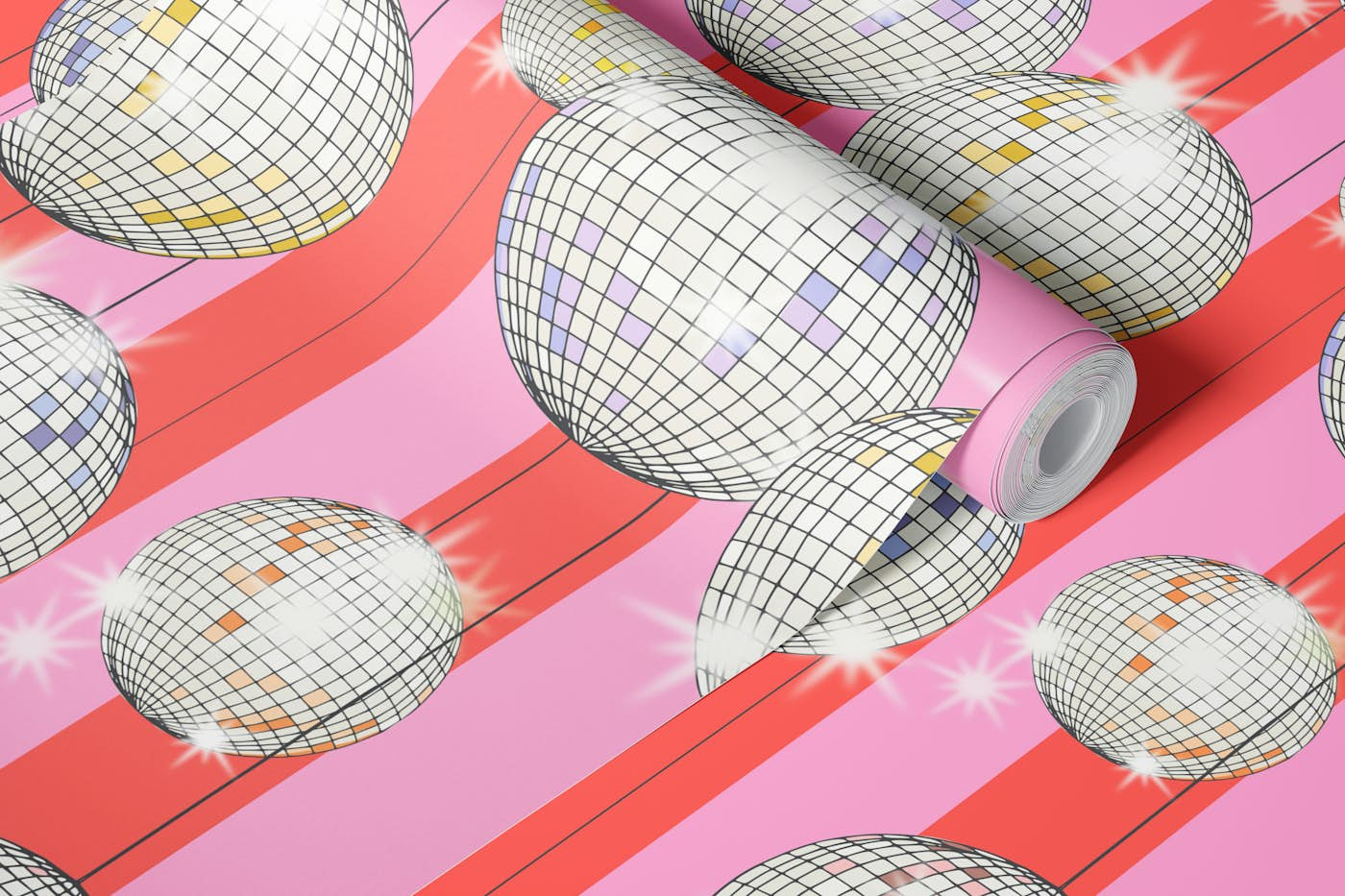 Striped Party Disco Ball Pink wallpaper roll