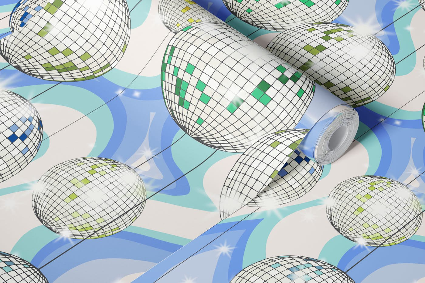 Groovy Party disco ball blue wallpaper roll