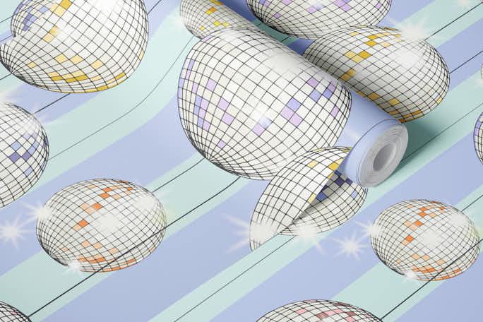 Striped Party Disco Ball Mintwallpaper roll