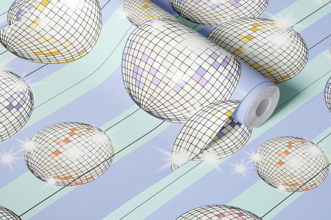 Striped Party Disco Ball Mint wallpaper roll