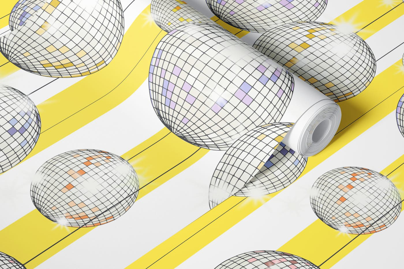 Striped Party Disco Ball Yellow wallpaper roll