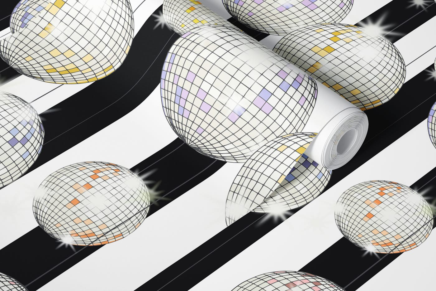 Striped Party Disco Ball black and white wallpaper roll