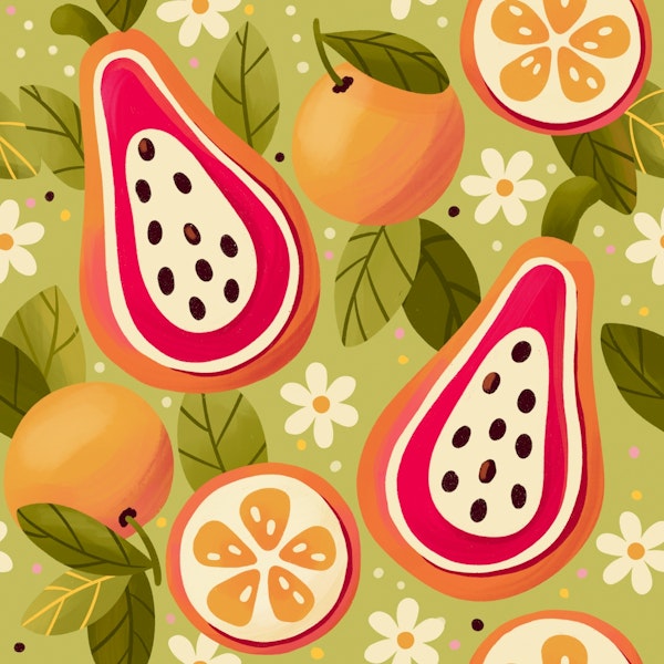 Papayas and oranges on light green background