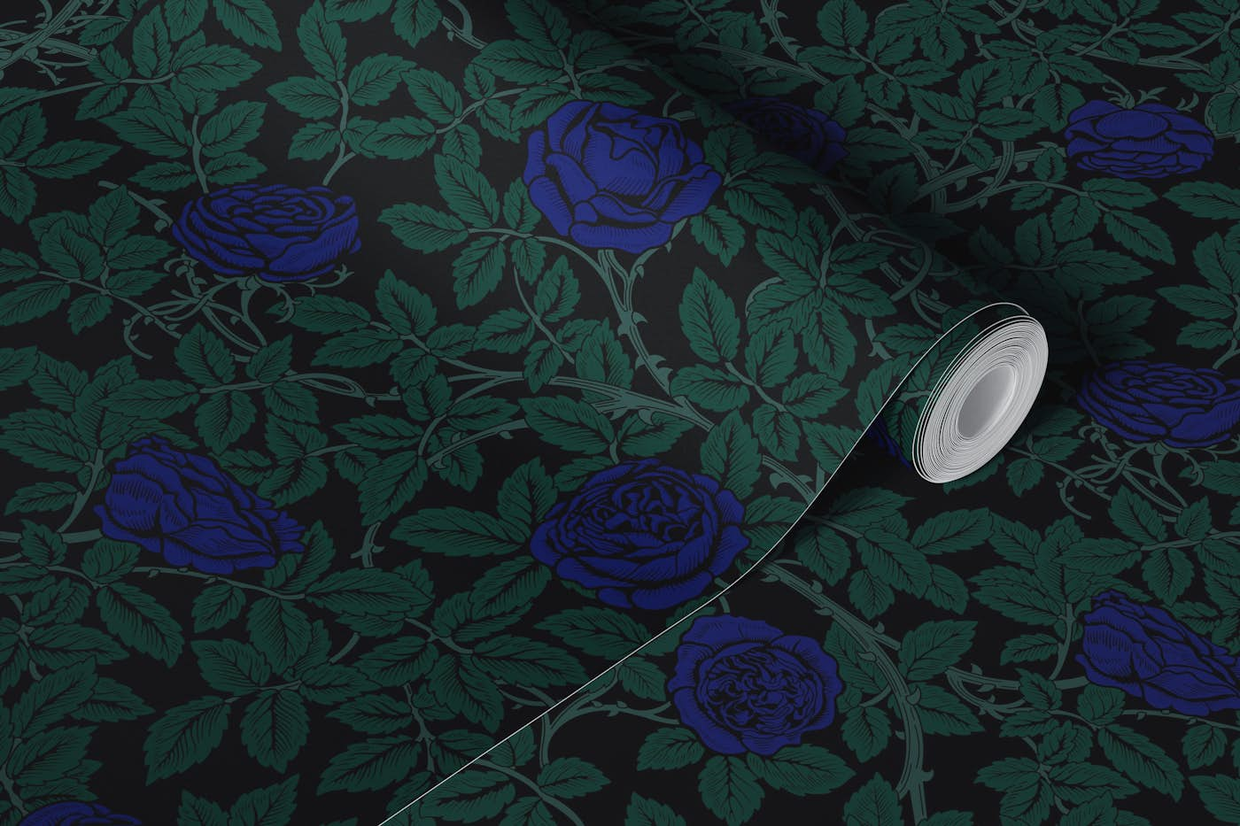 Dark Victorian Blue Rambling Roses wallpaper roll