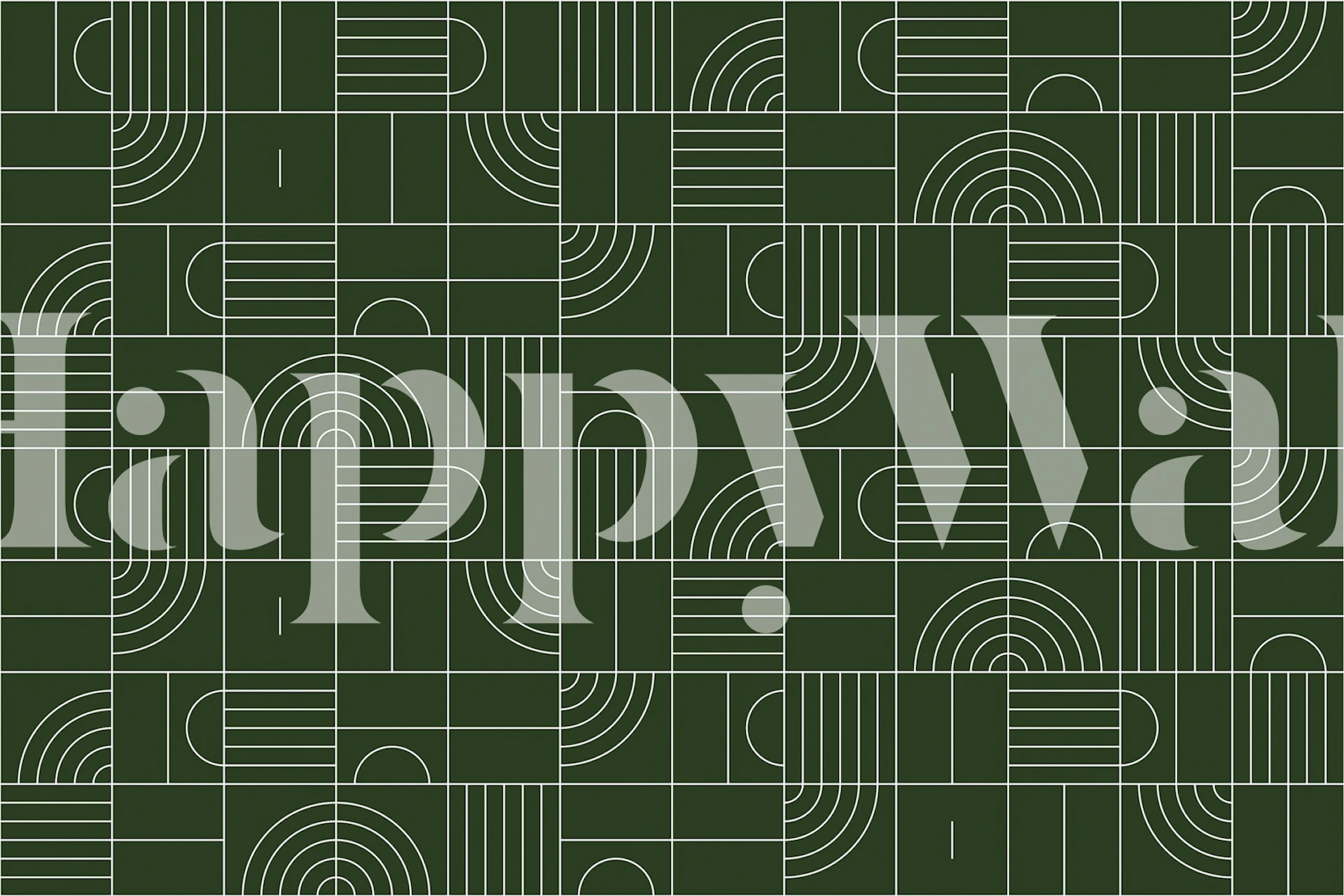 Smaragdgrønt vægmaleri med geometrisk mønster med hvide cirkler og firkanter