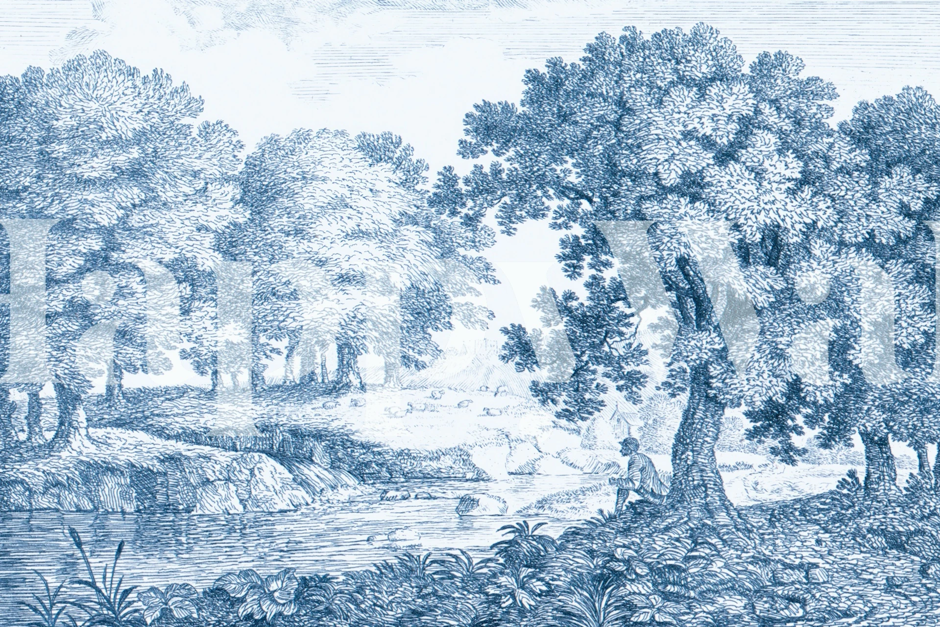 Vintage Landschafts-Wandbild mit Bäumen und Fluss in Blau.