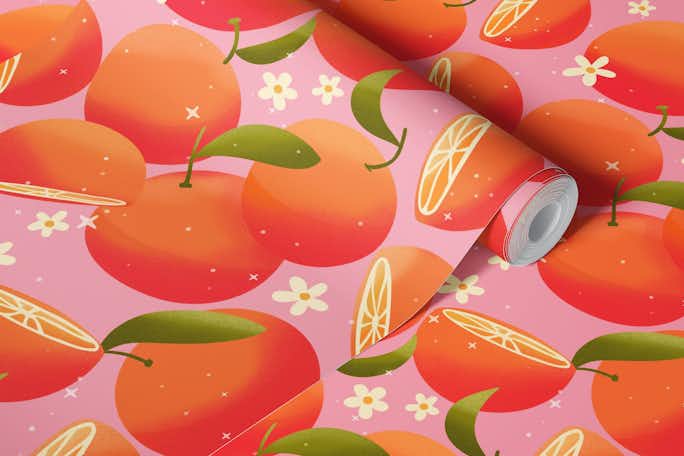 Juicy oranges on pink background with flowerswallpaper roll