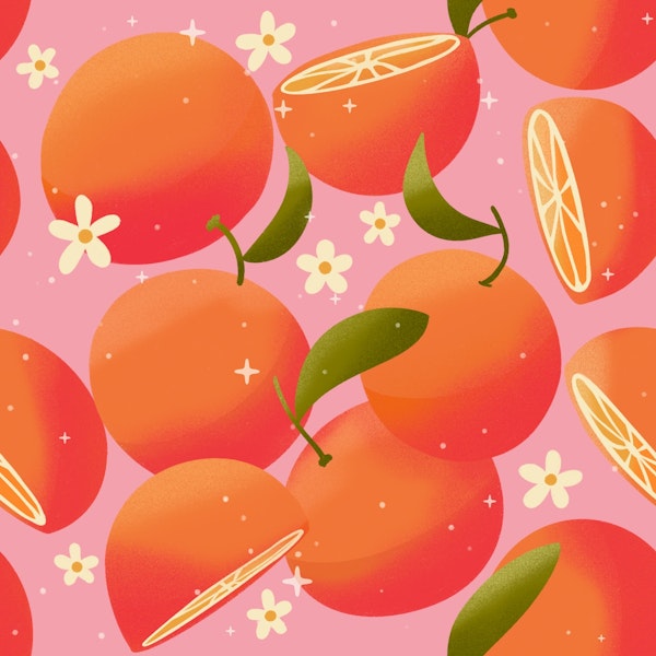 Juicy oranges on pink background with flowers