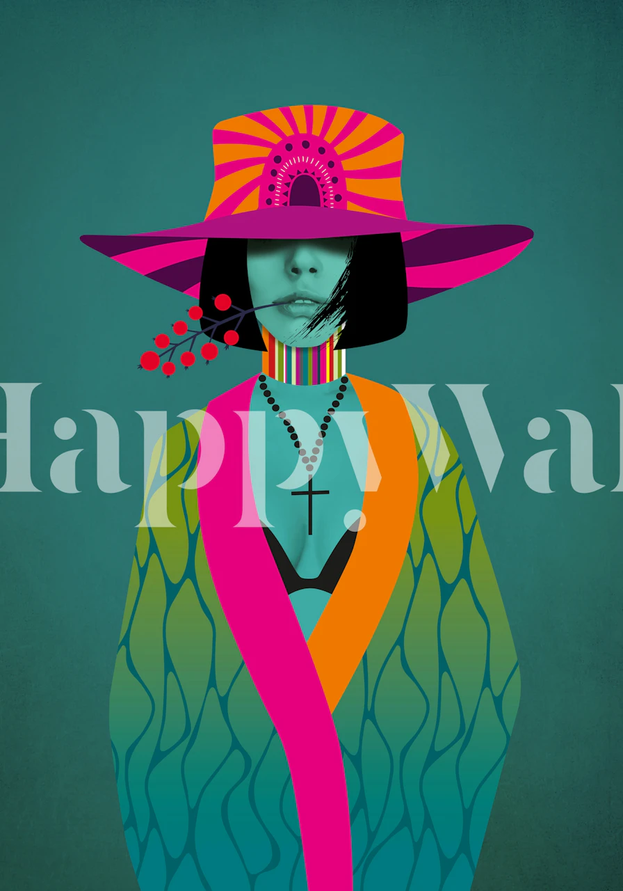Colorful boho girl with a wide-brimmed hat and floral accents wallpaper