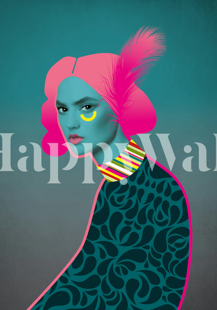 Mural de pared Neon Charly con un retrato estilizado en colores rosa neón y azul