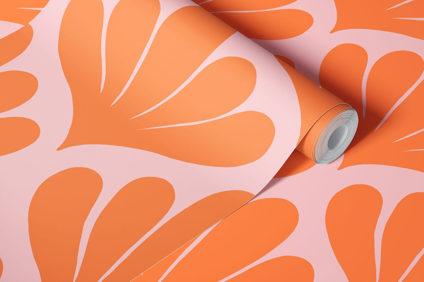 Simple Botanical Damask Orange on Pink wallpaper roll