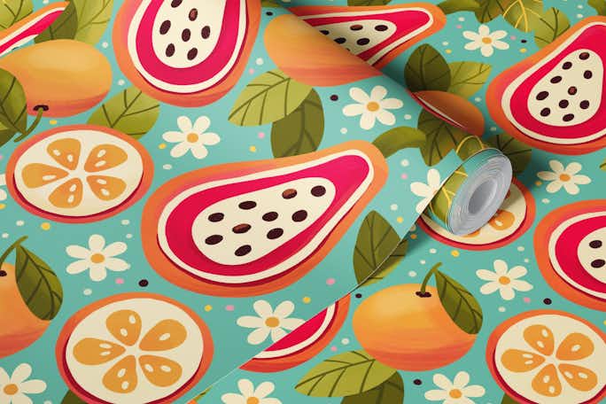 Papayas and oranges on light blue backgroundwallpaper roll