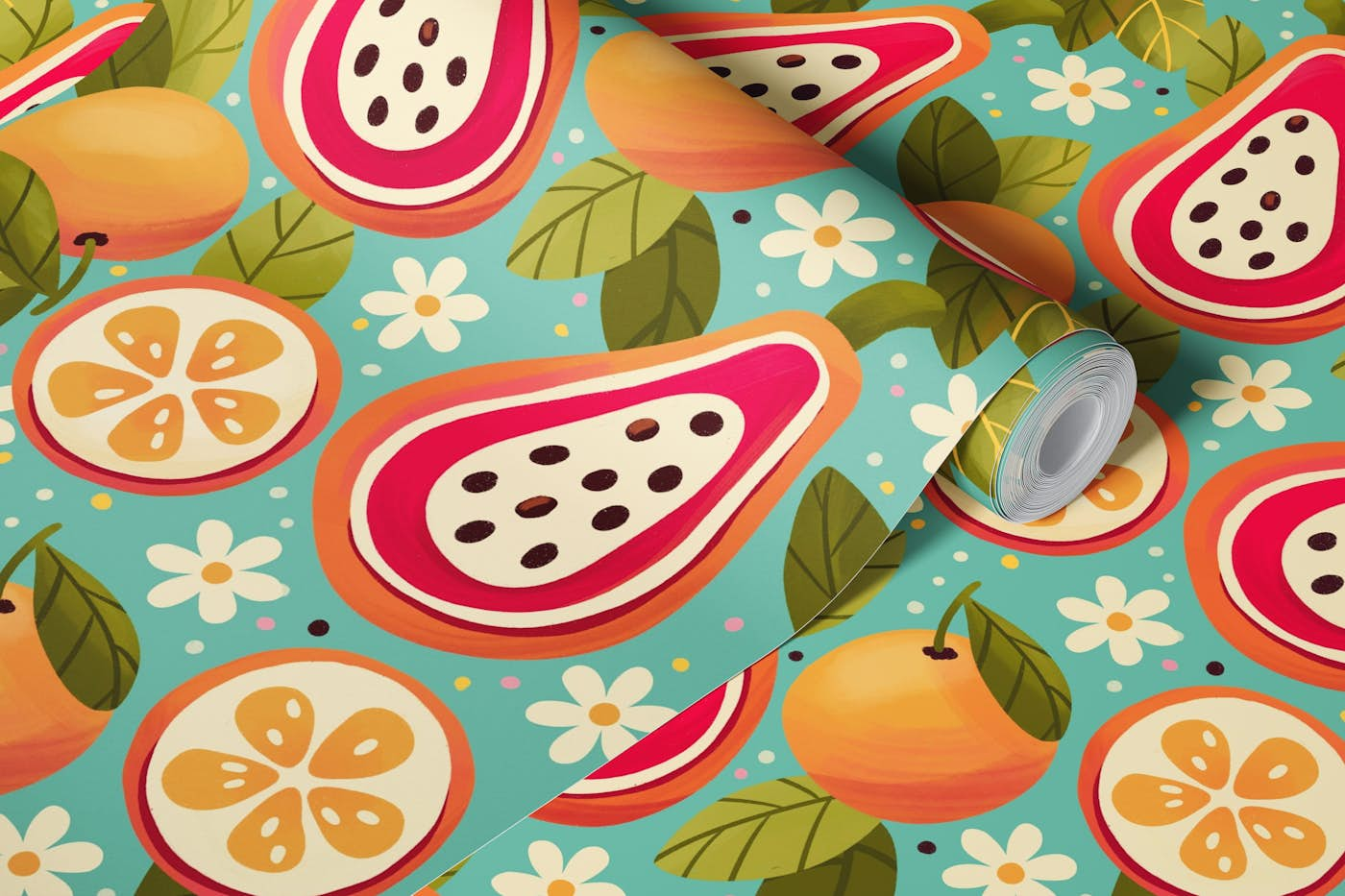 Papayas and oranges on light blue background wallpaper roll