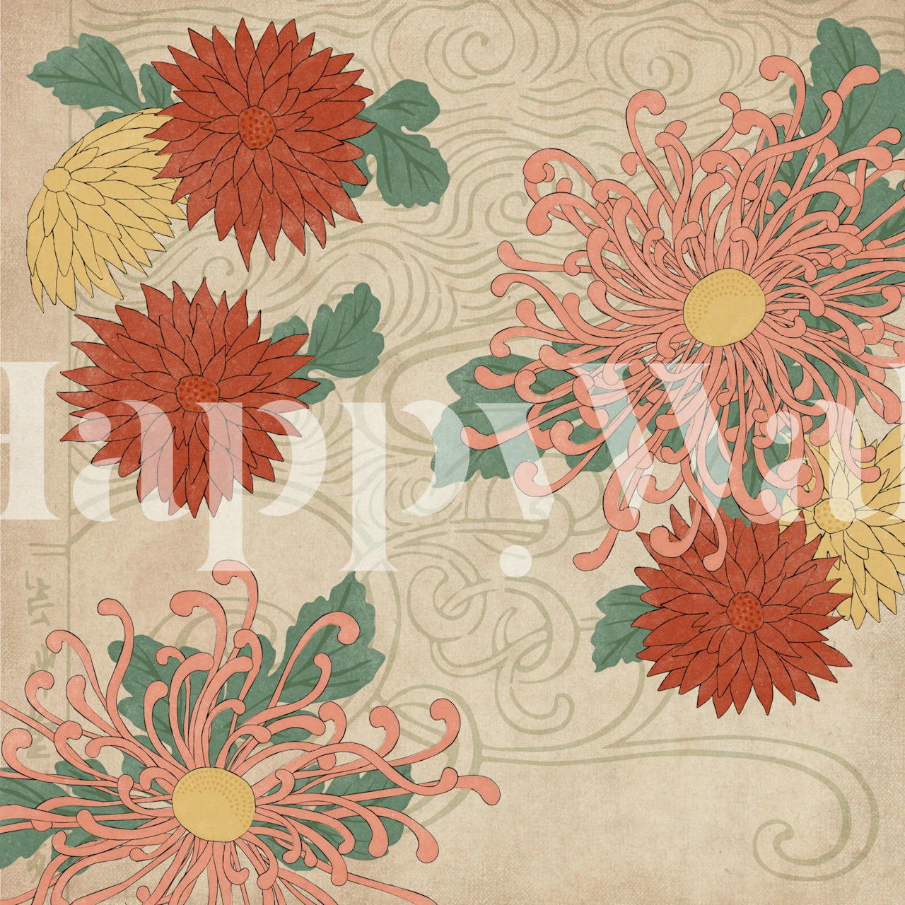 Red and yellow chrysanthemums with green leaves on beige wallpaper