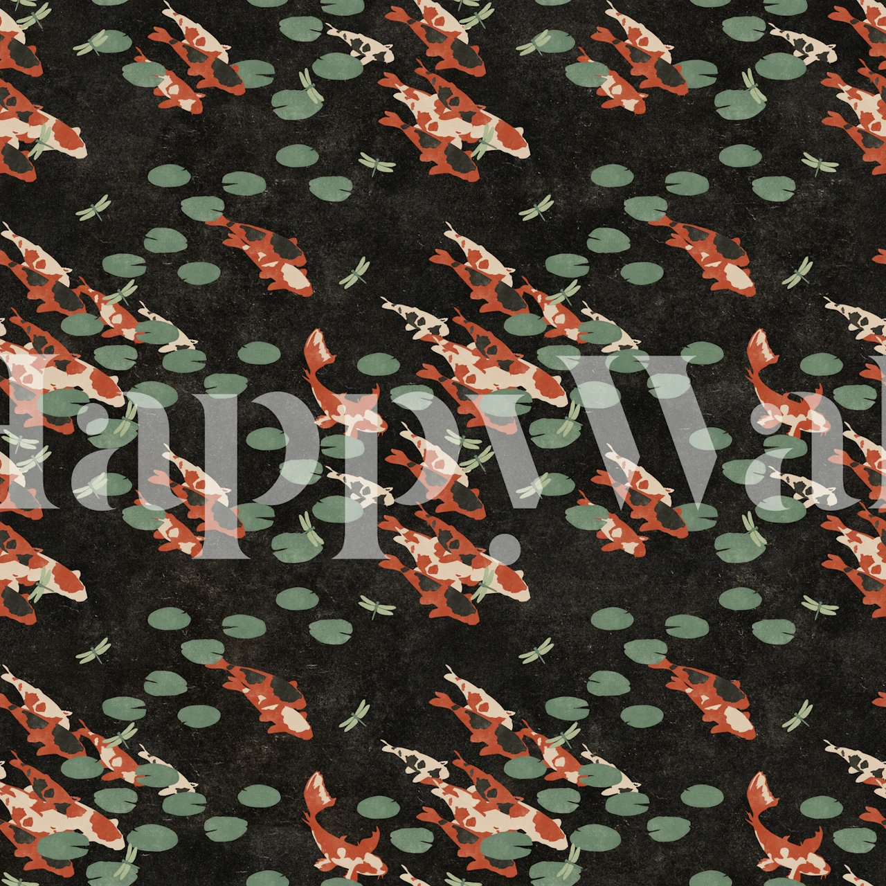 Japanilainen koikala- ja lootuksenlehtikuvioinen seinämaalaus tummalla pohjalla