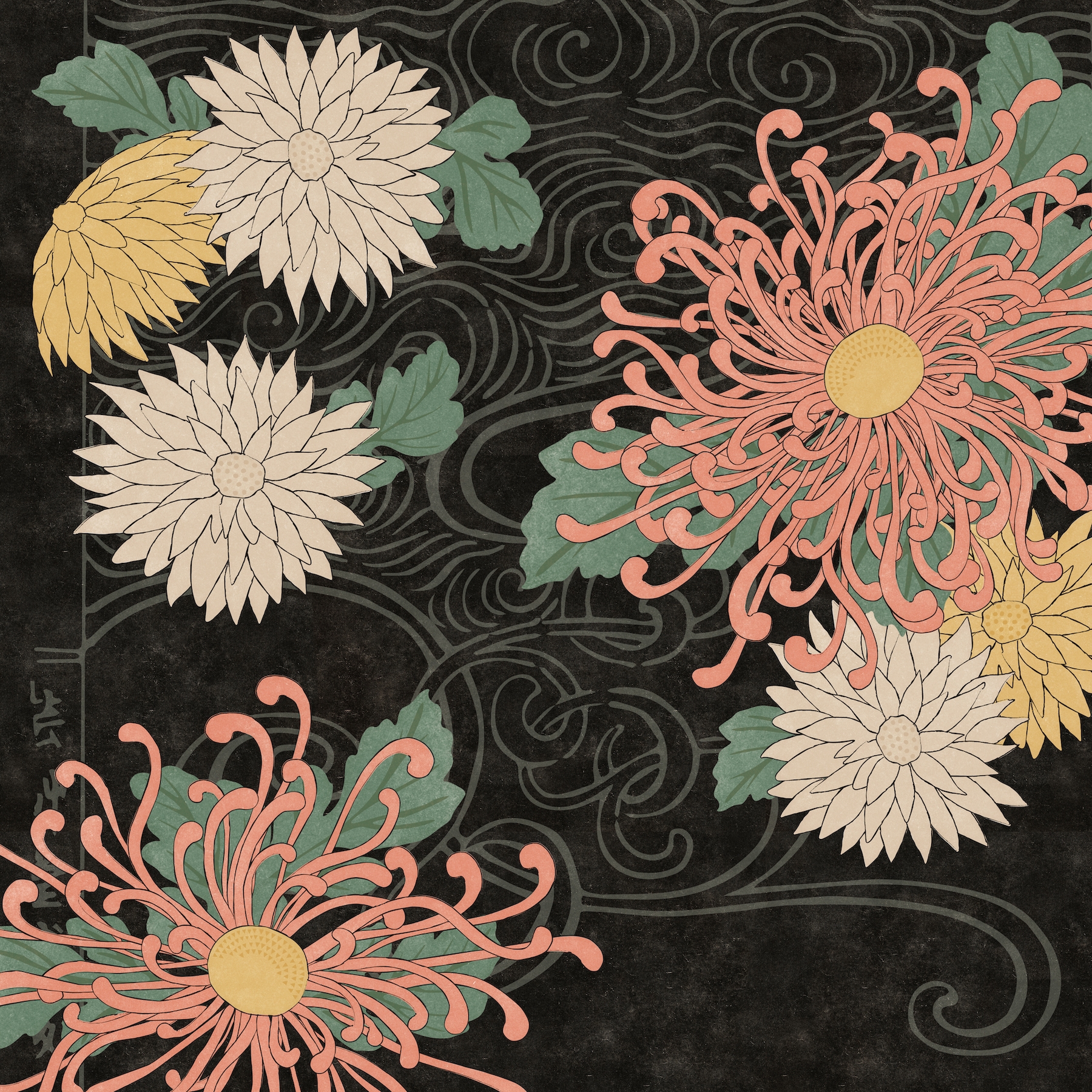 Traditional Japanese Floral Wallpaper, Large Chrysanthemum Print, Authentic Japanese Flower Wall Design