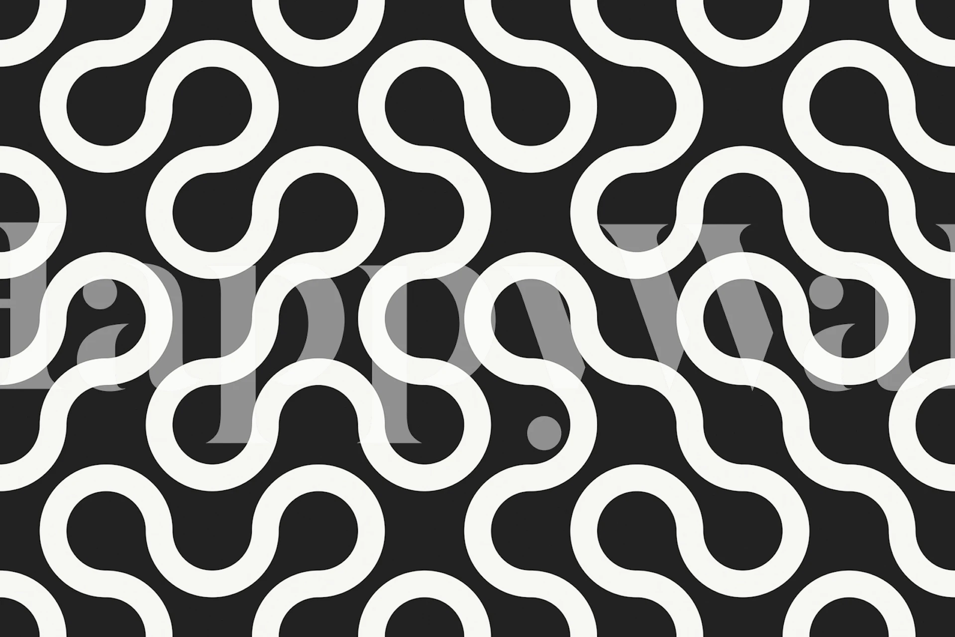 Geometrinen mustavalkokuvioinen seinämaalaus, jossa on toisiinsa kaarevia kuvioita