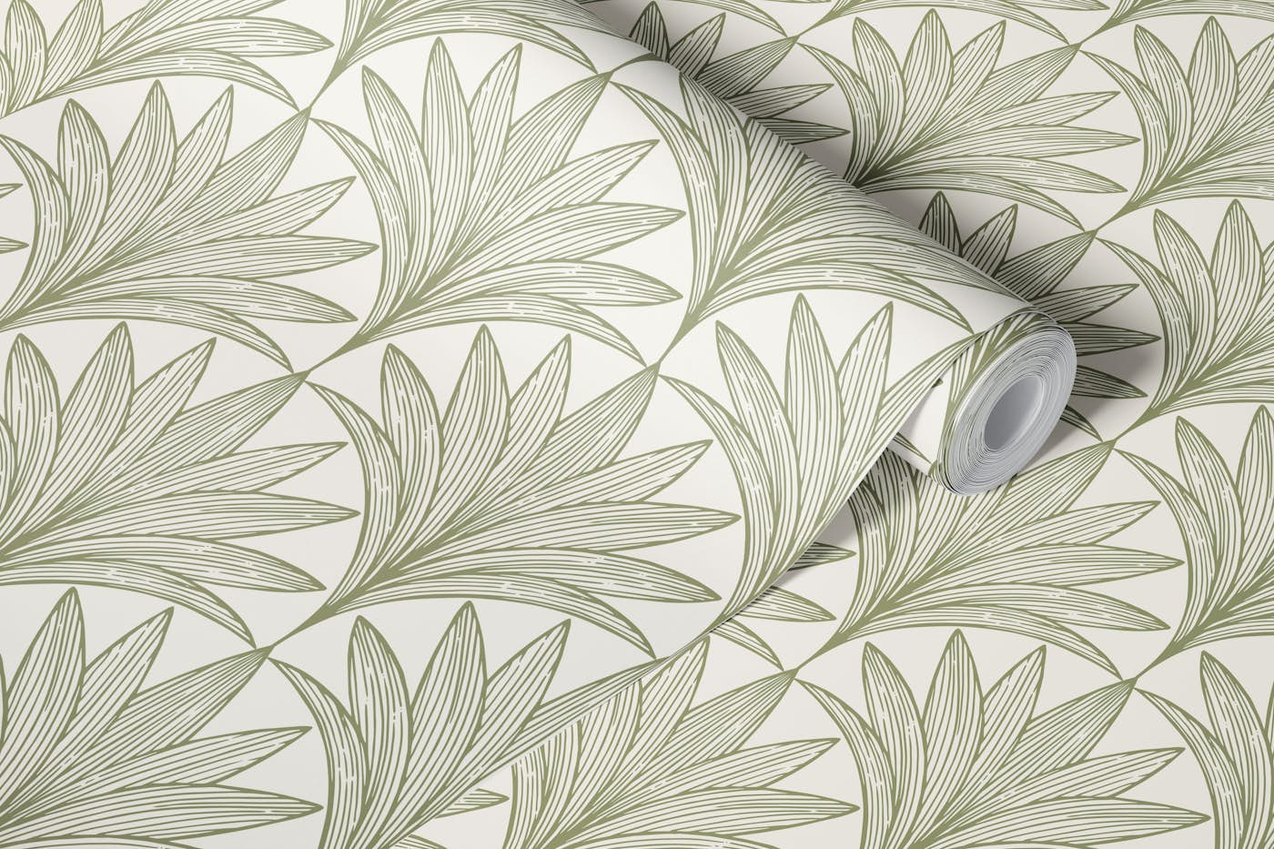 Art Deco Palm Leaf, Green on Cream wallpaper roll