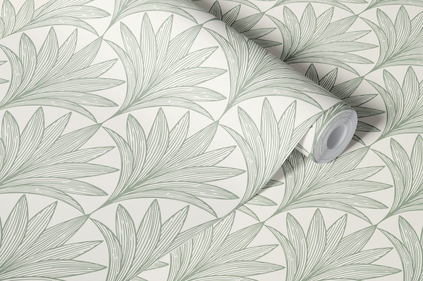 Art Deco Palm Leaf, Sage Green on Cream wallpaper roll