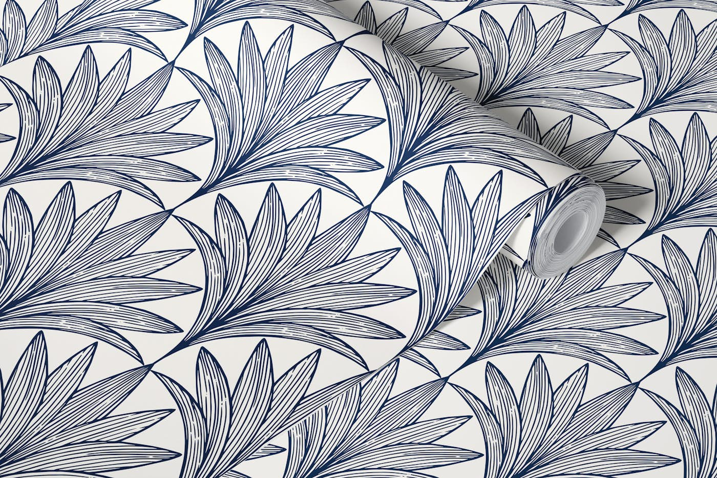 Art Deco Palm Leaf, Navy Blue on White wallpaper roll