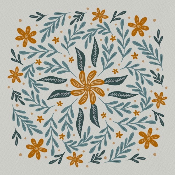 Circular flowers and branches beige and teal