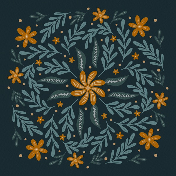 Circular flowers & branches indigo and orange